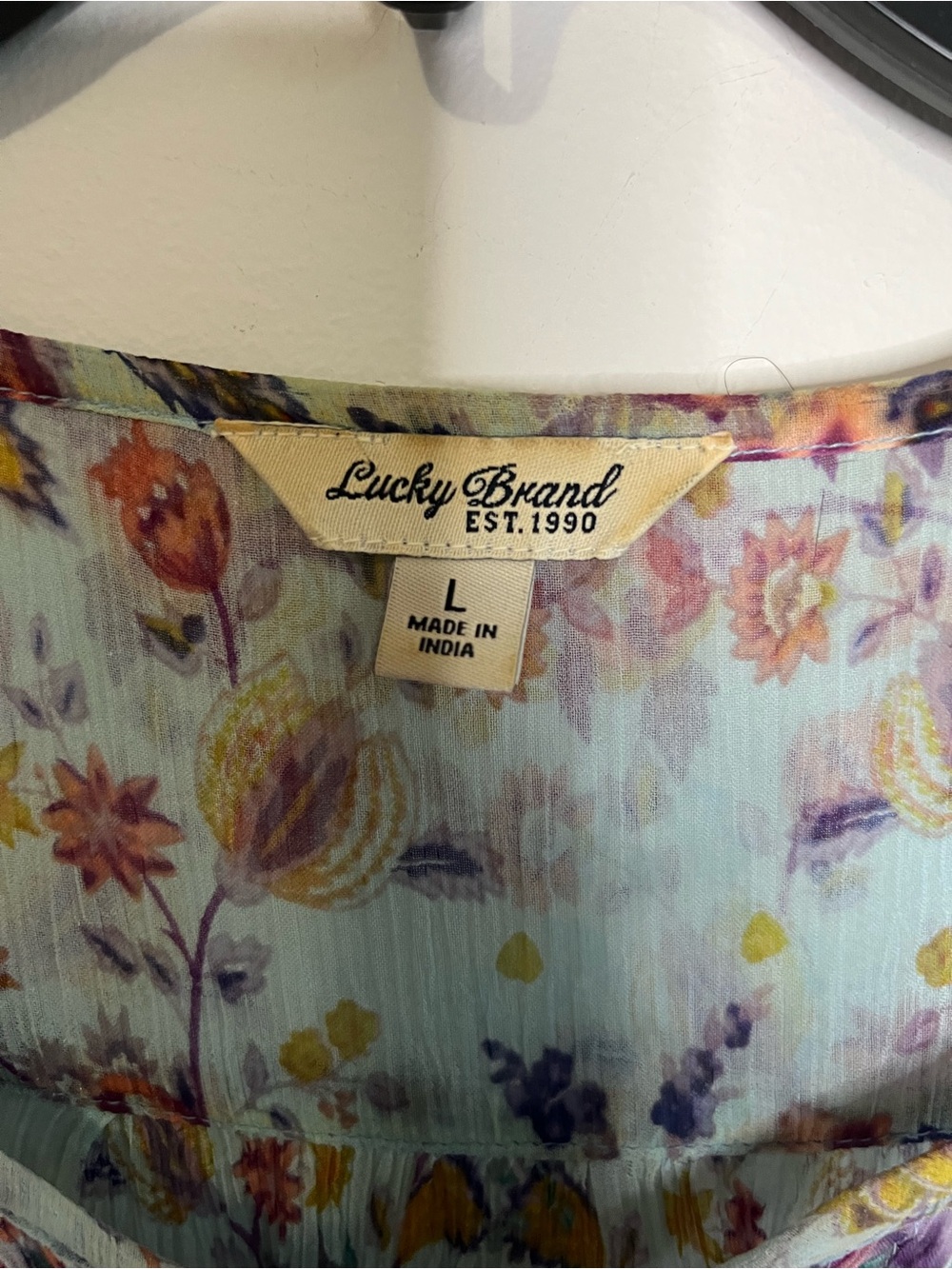 Lucky Brand Light Blue Floral Tie-Neck Sheer Blouse - Picture 3 of 4